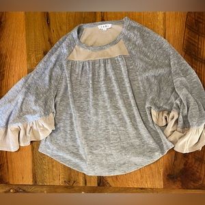 THML Stretch Gray Top with Fun Tan Details, Ruffles on Sleeves, Size Medium